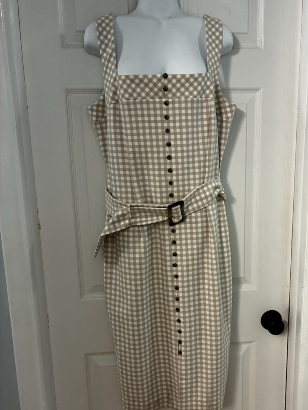 NWT $170 White House Black Market Gingham Biscotti Dress Sz 12 WHBM beige/ white - Picture 4 of 9